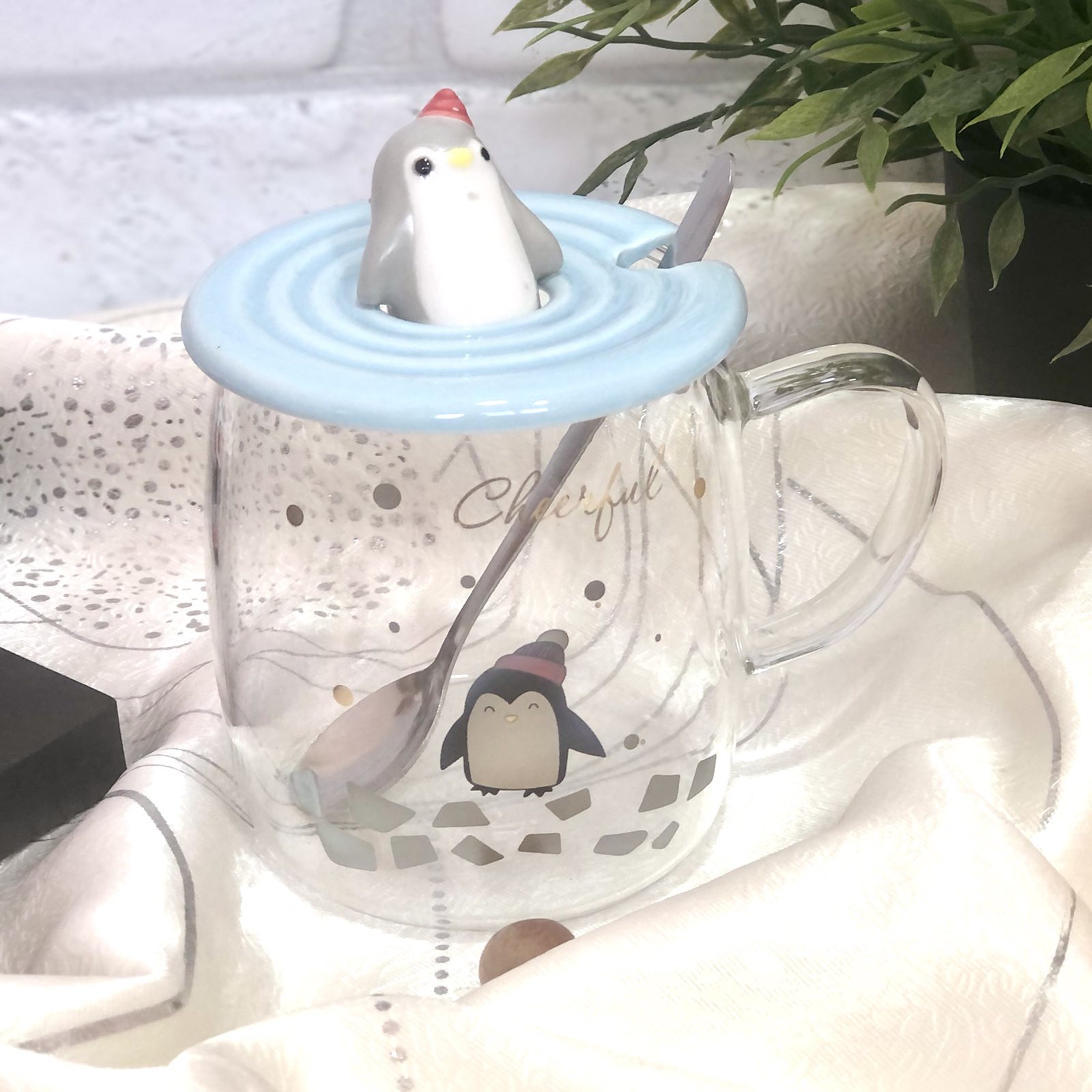 Чашка с крышкой и ложкой 400 мл "Penguin" стекло Stenson - 00527 ✅ базовая цена $5.98 ✔ Опт ✔ Скидки ✔ Заходите! - Интернет-магазин ✅ Фортуна-опт ✅