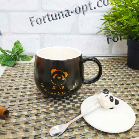 Чашка керамическая с крышкой "Black Panda" 400 мл - 0-309 ✅ базовая цена $4.90 ✔ Опт ✔ Скидки ✔ Заходите! - Интернет-магазин ✅ Фортуна-опт ✅