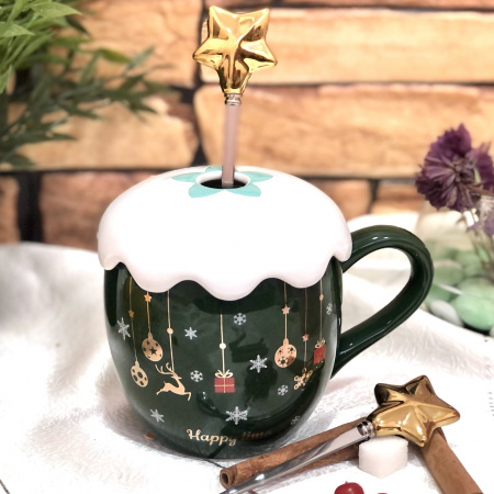 Чашка с крышкой и ложкой 420 мл Новогодняя Stenson - 00526 ✅ базовая цена $6.64 ✔ Опт ✔ Скидки ✔ Заходите! - Интернет-магазин ✅ Фортуна-опт ✅