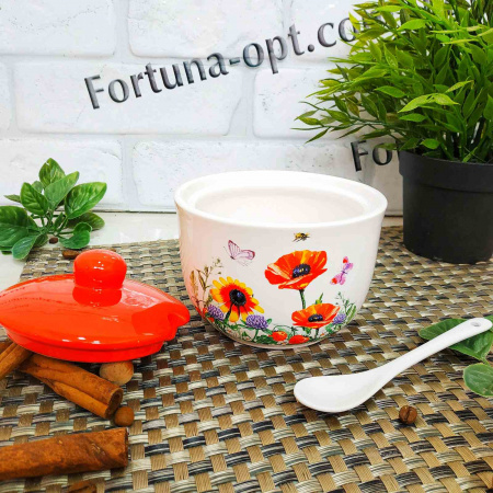 Сахарница керамическая с ложкой 450 мл Полевой мак (d-11см, h-7см) 2242-5 ✅ базовая цена 104.55 грн. ✔ Опт ✔ Скидки ✔ Заходите! - Интернет-магазин ✅ Фортуна-опт ✅