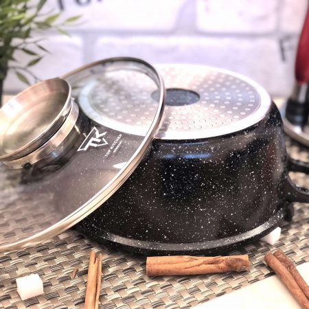 Кастрюля - казан Top Kitchen черный в белую точку мрамор 2,4 л - (20 см) TК 00051 ✅ базовая цена $16.01 ✔ Опт ✔ Скидки ✔ Заходите! - Интернет-магазин ✅ Фортуна-опт ✅