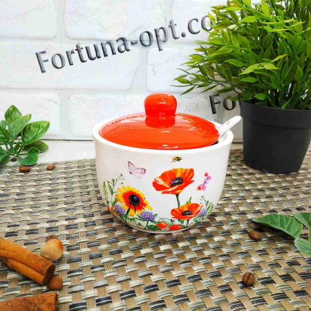 Сахарница керамическая с ложкой 450 мл Полевой мак (d-11см, h-7см) 2242-5 ✅ базовая цена 104.55 грн. ✔ Опт ✔ Скидки ✔ Заходите! - Интернет-магазин ✅ Фортуна-опт ✅
