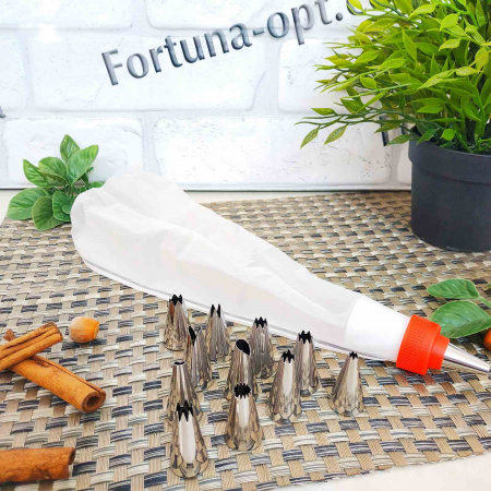 Мешок кондитерский +12 нержавеющих насадок 17125 ✅ картинка - Интернет-магазин ✅ Fortuna-opt.com.ua. ✅ Мешок кондитерский +12 нержавеющих насадок 17125 ✅ базовая цена 77.92 грн. ✔ Опт ✔ Скидки ✔ Заходите! - Интернет-магазин ✅ Фортуна-опт ✅