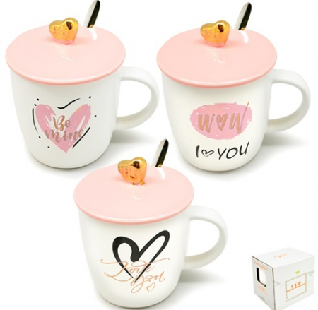 Чашка керамическая с крышкой и ложкой 400 мл "Love" Stenson - 00223 ✅ базовая цена $4.10 ✔ Опт ✔ Скидки ✔ Заходите! - Интернет-магазин ✅ Фортуна-опт ✅