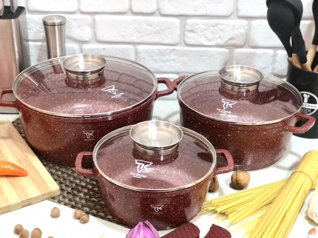 Набор посуды с мраморным покрытием бордо Top Kitchen TK 00021 ✅ базовая цена $51.68 ✔ Опт ✔ Скидки ✔ Заходите! - Интернет-магазин ✅ Фортуна-опт ✅