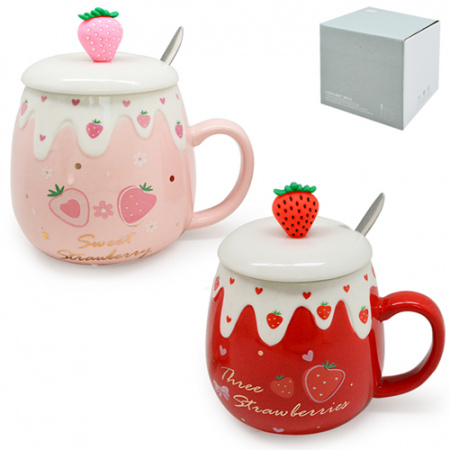Чашка с крышкой и ложкой 500 мл Strawberry Stenson - 00209 ✅ базовая цена $4.77 ✔ Опт ✔ Скидки ✔ Заходите! - Интернет-магазин ✅ Фортуна-опт ✅