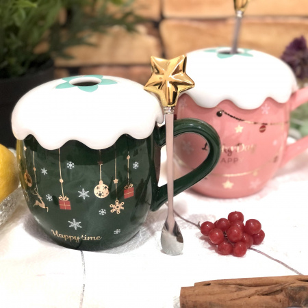 Чашка с крышкой и ложкой 420 мл Новогодняя Stenson - 00526 ✅ базовая цена $6.64 ✔ Опт ✔ Скидки ✔ Заходите! - Интернет-магазин ✅ Фортуна-опт ✅